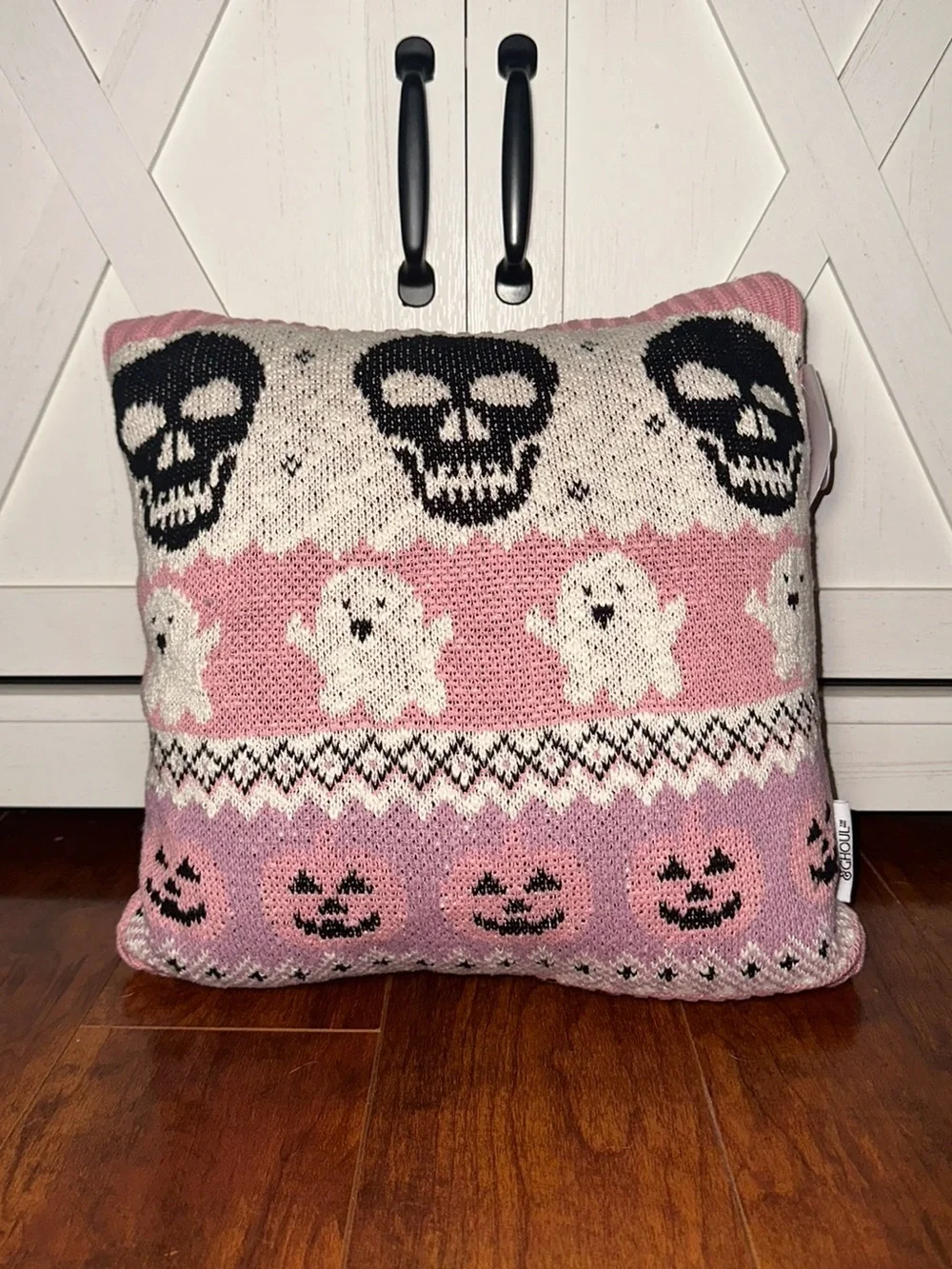 Goblin & Ghoul Halloween Knit Pink Ghosts Pumpkins & Skulls Decorative Pillow